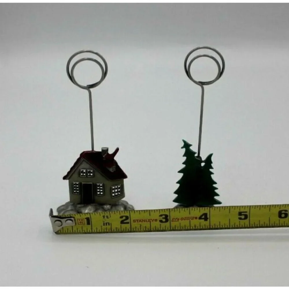 Christmas Place Card Holder Lot 2 Photo Tree House Cardinal Red Silver Tone